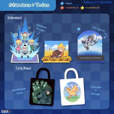 Standees | Earthbound = $40 MOTHER 3 = $30 Kid Icarus = $35 Tote Bags | $25, 2 for $40