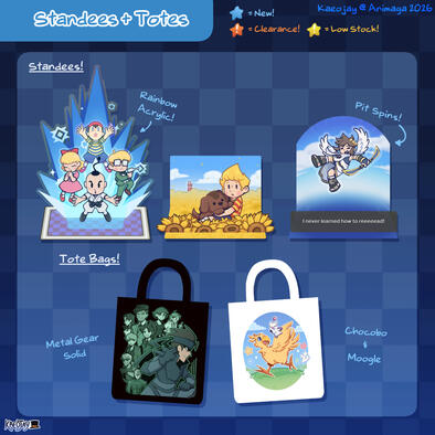 Standees | Earthbound = $40 MOTHER 3 = $30 Kid Icarus = $35 Tote Bags | $25, 2 for $40